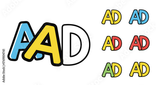 Vibrant and dynamic 'AD' monogram logo designs, presented as a vector cartoon illustration set on a black background, featuring bold colors like yellow, blue, red, and green, perfect for branding and