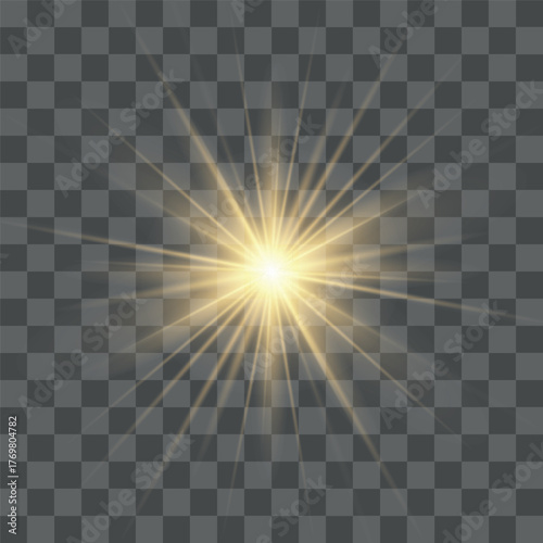 Yellow sun with rays and glow on transparent like background.
