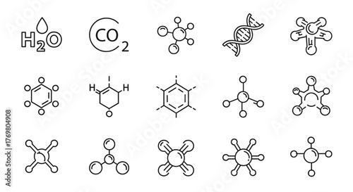 Set of single-line icons representing various molecules and chemical structures, including water (H2O), carbon dioxide (CO2), DNA, benzene, and other molecular models, presented in a clean, modern