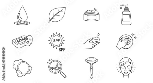 Collection of outline icons representing skincare and beauty treatments, including a water drop, leaf, cream jar, soap, SPF sun, hand washing, face roller, and a glowing face, perfect for graphic and