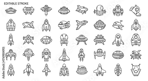 Collection of editable stroke line icons representing various spaceships, rockets, and UFOs, perfect for infographics, articles, books, flyers, and banners, presented as a vector cartoon illustration