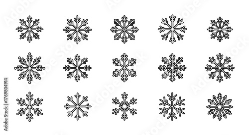 Collection of fifteen unique, simple, linear snowflake outlines on a black background, perfect for web, books, cards, and apps. Editable stroke vector cartoon illustrations representing winter and