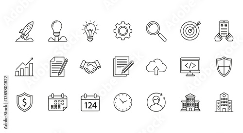 Startup and Development Vector Icon Set: A collection of clean, white line art icons on a black background, representing business growth, innovation, and project management, perfect for digital