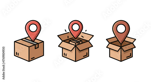 Set of three vector cartoon illustrations depicting a package box with a map pin marker, symbolizing delivery, logistics, and location tracking, presented on a clean white background for versatile