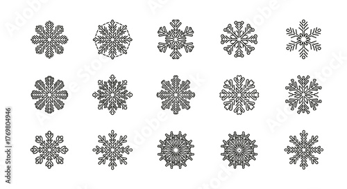 Collection of 15 unique, minimalistic, and editable stroke line art snowflake icons on a black background, perfect for winter-themed designs, greeting cards, app icons, banners, and social media