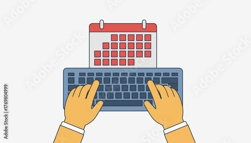 Hands typing on a computer keyboard with a calendar showing marked dates in the background, illustrating concepts of planning, scheduling, deadlines, and time management