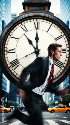 Businessman rushing past giant clock in urban setting conceptual time management