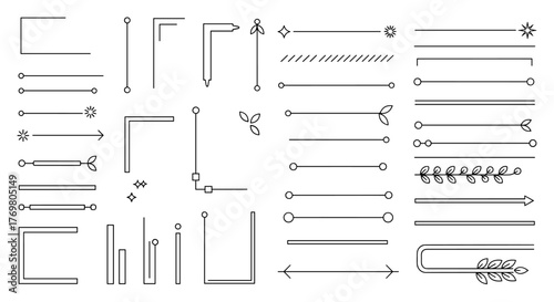 Collection of simple line elements and borders for design, including frames, dividers, and decorative accents, presented as a vector flat icon set. This set offers versatile graphic resources for