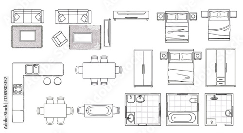 Top-down view of furniture and interior elements, presented as isolated linear icons on a black background. This vector illustration set includes sofas, rugs, beds, nightstands, wardrobes, a kitchen
