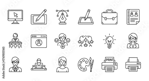 A comprehensive graphic design icon set featuring essential tools and concepts for creative professionals, including web design elements, drawing tablets, illustration pens, portfolios, website