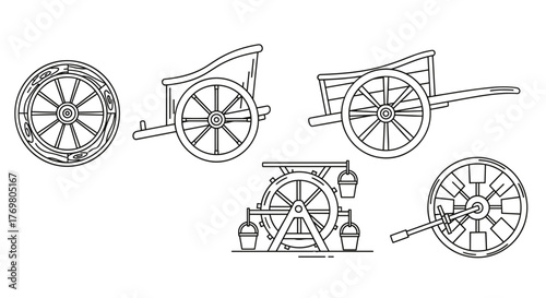 Collection of historical wheel icons in outline style, featuring a detailed wooden wheel, a classic chariot wheel, a sturdy cart wheel, a functional water wheel with buckets, and a mill wheel