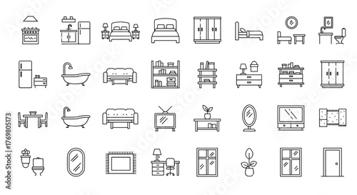 Comprehensive collection of editable line icons representing various interior design elements, including kitchen appliances, bedroom furniture, living room seating, storage systems, bathroom