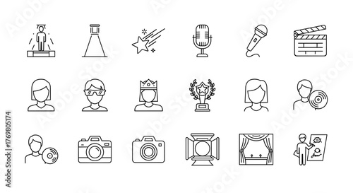 Collection of line art icons representing entertainment and performance industry professionals and symbols, including a spotlighted figure, a tower, shooting stars, microphones, a clapperboard