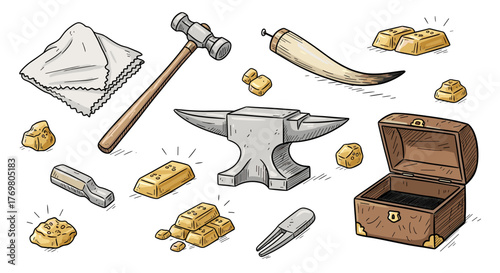 Hand-drawn doodle illustration of jewelry crafting tools and precious metal elements, featuring a hammer, anvil, polishing cloth, jewelry box, gold bars, gold nuggets, and a horn, symbolizing the art