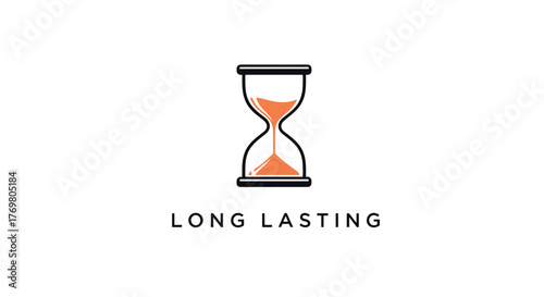 An hourglass with orange sand flowing from top to bottom, symbolizing the passage of time and the concept of 'long-lasting'. This minimalist, flat vector illustration is isolated on a black