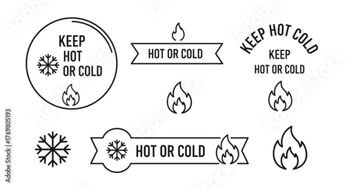 Collection of minimalist line art icons and labels indicating 'Keep Hot or Cold' with snowflake and fire symbols, presented on a clean white background, perfect for packaging and product labeling to