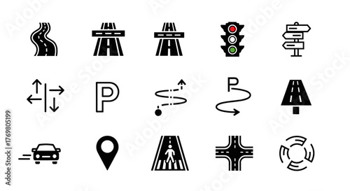 Collection of road and traffic icons, including street, highway, traffic light, signpost, directions, parking, route, GPS, drive, crosswalk, intersection, and roundabout symbols, representing