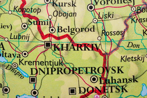 Geographical map detail highlighting Kharkiv and Dnipro Ukraine.