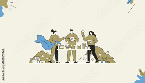 Group of volunteers collaborating, sorting, and packaging various items including boxes and papers, surrounded by piles of donated goods, performing a charitable activity