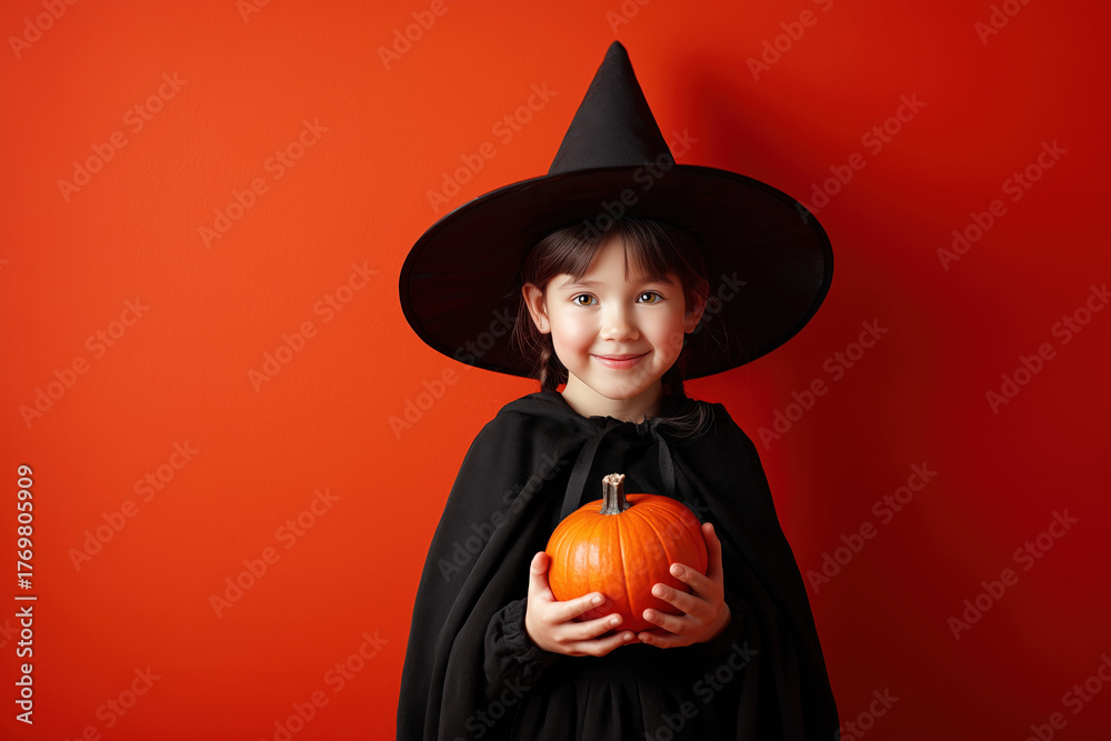Fototapeta premium halloween costume witch young girl with braids and holding pumpkin wearing a witch hat, orange studio background, photorealistic