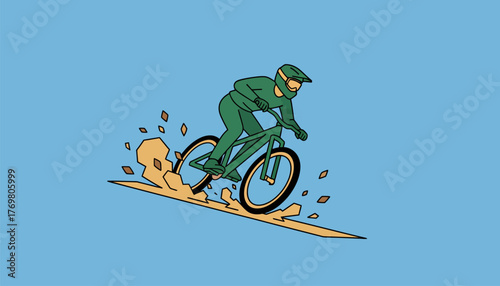 A dynamic action shot of a mountain biker racing down a dirt path kicking up dust and leaves in their wake.