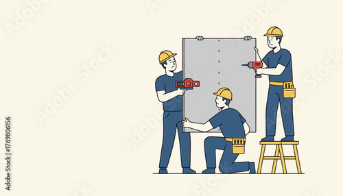 Construction crew installing drywall in a home renovation, using a laser level and electric drill for precise alignment and secure fastening, demonstrating teamwork and skill