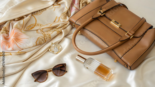 A luxurious flat lay featuring a high-end designer handbag—sleek, structured, and in a rich neutral tone like caramel leather or black calfskin