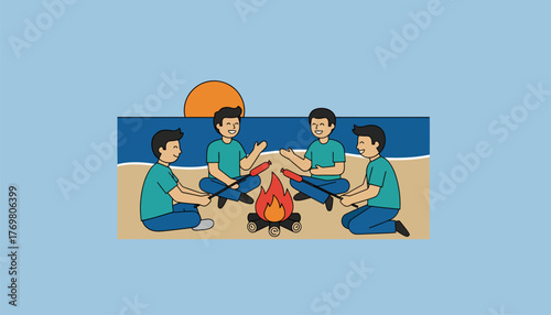 A group of teens gathered around a campfire on the beach sharing stories and roasting hot dogs as the sun sets.
