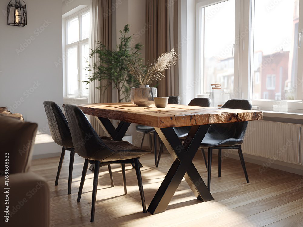 Fototapeta premium Stylish Living Space with Large Windows and Wood Accents 