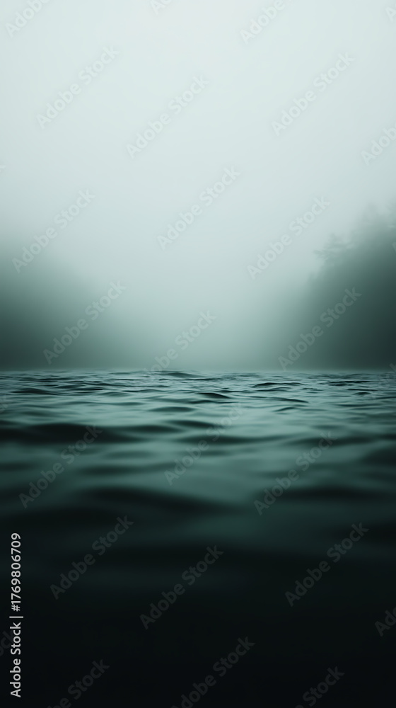 Fototapeta premium Misty waters ripple under a blanket of fog, obscuring the distant shore. The scene exudes a sense of mystery and tranquility, inviting contemplation. Moody atmosphere.