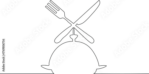 Hand drawn Covered dish one line sketch. Continous one line culinary service. Single line art Covered dish with fork and knife white background design simple illustration.
