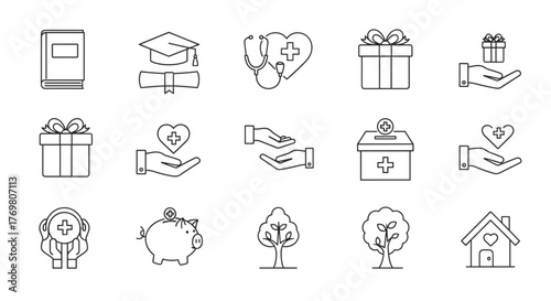 Charity and Gift Thin Line Icon Set: Education, Healthcare, and Support Symbols. This collection features a book, graduation cap, stethoscope, gift boxes, hands offering help, a donation box, a piggy