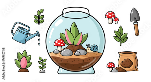 Charming Flat Vector Illustrations of Terrarium Essentials: A Colorful Glass Globe Showcase with Plants, Mushrooms, a Snail, Watering Can, and Gardening Tools, Perfect for Children's Designs and