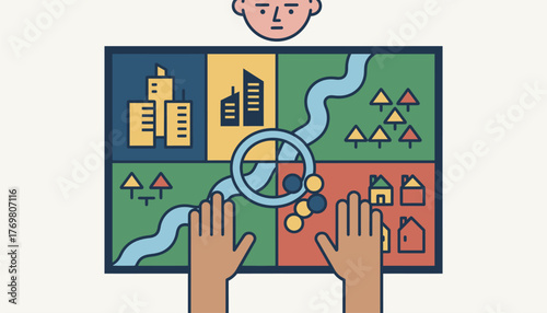 A closeup of a game board with intricate artwork showcasing different city locations while a player makes a strategic decision with a focused expression.