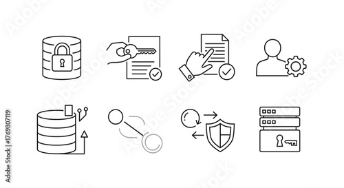 Set of editable line icons representing data authorization concepts, including secure databases, key access, document verification, user profiles, data connections, and password protection, presented