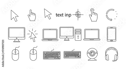 Vector line icon collection of computer and monitor elements, including cursors, pointers, and input devices, perfect for graphic and web design, apps, adverts, and various digital projects