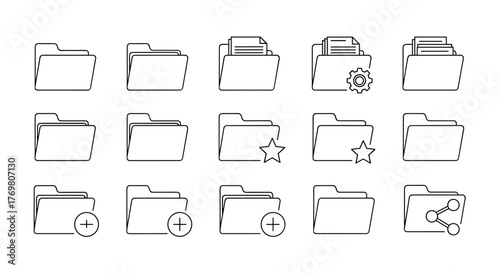 A collection of minimalistic, editable stroke line icons representing computer folders, featuring various functionalities like settings, favorites, adding, deleting, and sharing, presented on a black