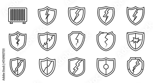 Collection of cracked shield outline icons, perfect for graphic design, book covers, advertisements, and app interfaces. This vector cartoon illustration set features a white background and offers a