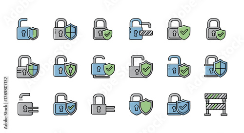 Set of minimalistic security icons featuring padlocks, shields with checkmarks, and a safety barrier, presented in a vibrant, cartoonish vector style suitable for web, graphic design, apps, banners