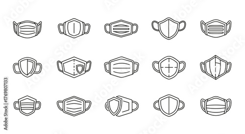 Collection of diverse outline medical face mask icons with shield elements, presented in a linear, cartoon illustration style on a clean white background, perfect for graphic design, web, apps, and