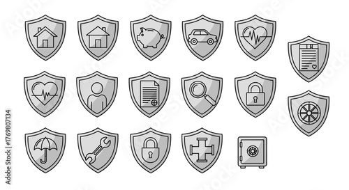 Collection of line icons representing defense, insurance, and protection, presented on shields. Includes symbols for home, health, person, car, piggy bank, document, magnifying glass, padlock