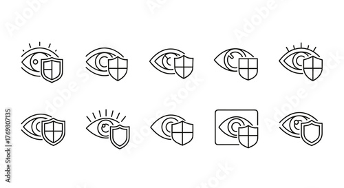 Set of minimalistic line icons representing an eye protected by a shield, symbolizing security, privacy, and vigilance. These versatile vector graphics are ideal for web design, app interfaces