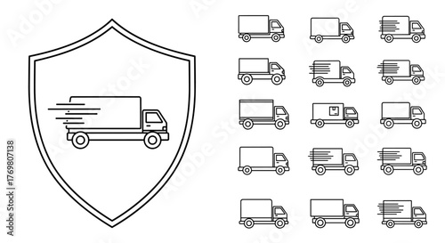 Set of simple line art icons representing delivery trucks inside a shield outline, symbolizing logistics, security, and transport services, perfect for graphic and web design, apps, adverts, and