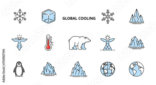Global Cooling Minimalistic Line Icons Set: Featuring Snowflakes, Ice Cubes, Thermometers, Polar Bears, Penguins, Icebergs, and Earth Globes, representing cold weather, climate change, and