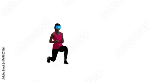 A woman performs a lunge exercise outdoors at dusk, wearing a vibrant pink tank top and black leggings, immersed in an augmented reality workout with a glowing blue headset, blending virtual fitness