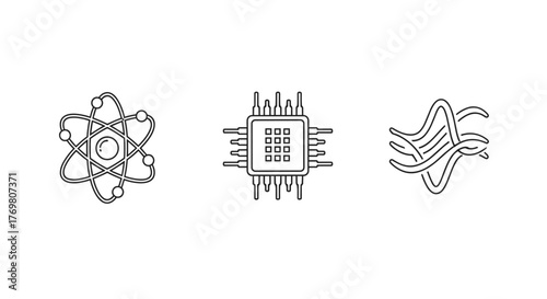 Minimalist technology icons set featuring an atom symbol representing science and research, a microchip icon symbolizing computing and electronics, and a wave symbol indicating data or signals, all