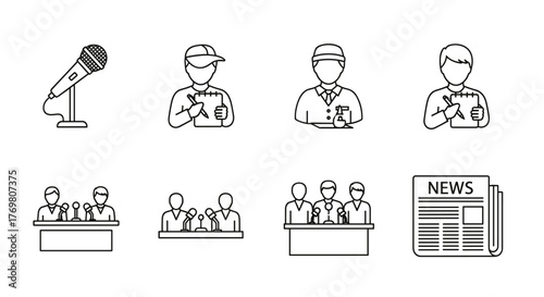 Collection of journalism and mass media icons in a clean, ordered line style, featuring a microphone, a journalist taking notes, a press conference scene with multiple speakers, and a newspaper