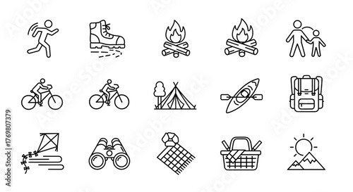 Vivid line icons set representing diverse outdoor activities and recreation, including running, hiking, cycling, camping, kayaking, and family outings, perfect for fitness and lifestyle themes. These