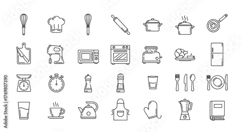 A comprehensive collection of outline icons representing cooking and kitchen essentials, featuring a clean, linear design with editable strokes. This vector illustration showcases a modern, ordered