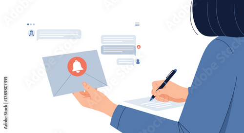 Modern illustration of a woman holding a blue envelope with a red notification bell icon, writing with a pen on paper, and a chat interface open on a screen, symbolizing email, communication
